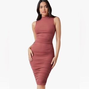 Medium mock neck dusty rose ruched bodycon dress